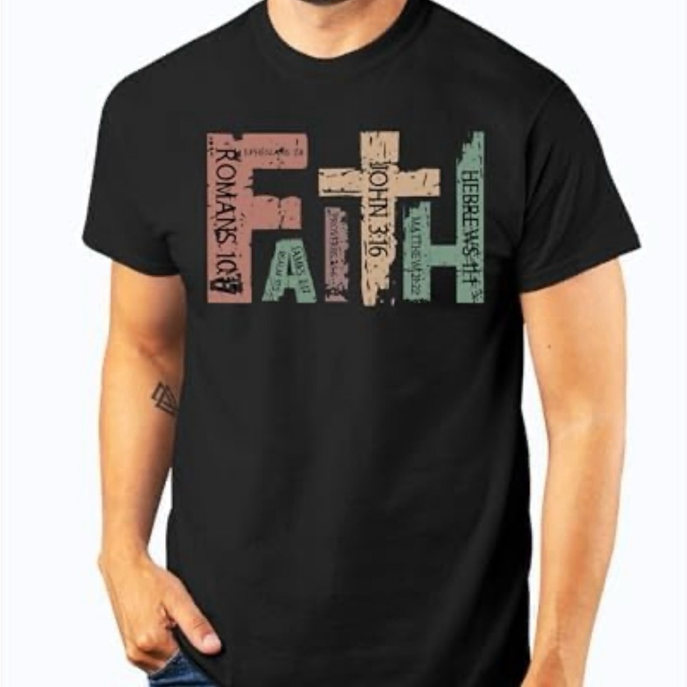 NWOT M&O Gold Black graphic T-Shirt Inspirational FAITH
